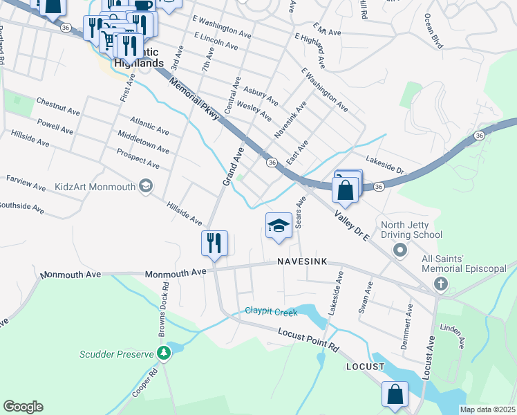 map of restaurants, bars, coffee shops, grocery stores, and more near 39 East Avenue in Atlantic Highlands