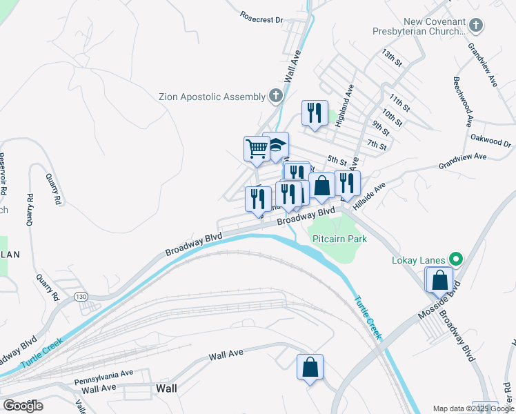 map of restaurants, bars, coffee shops, grocery stores, and more near 385 3rd Street in Pitcairn