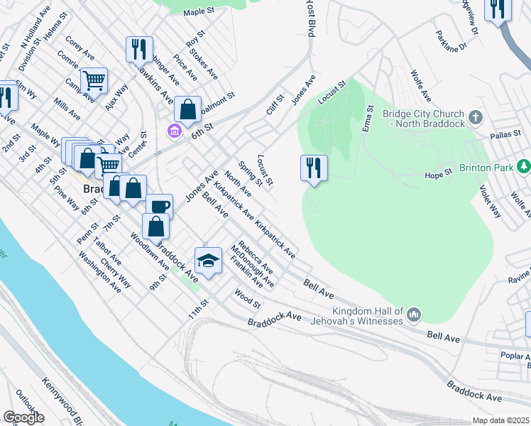 map of restaurants, bars, coffee shops, grocery stores, and more near 1025 North Avenue in Braddock