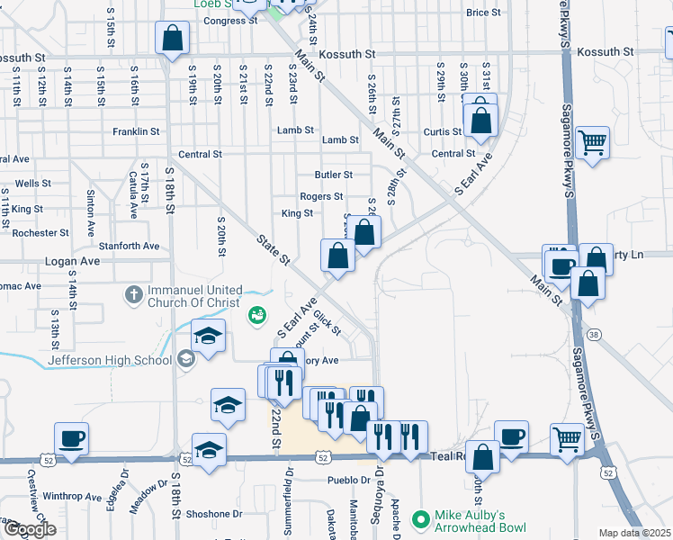 map of restaurants, bars, coffee shops, grocery stores, and more near 2450 South Earl Avenue in Lafayette