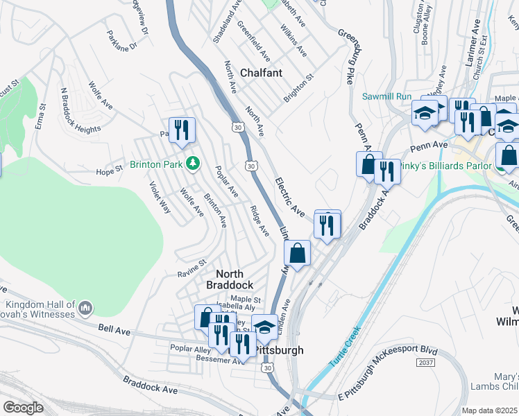 map of restaurants, bars, coffee shops, grocery stores, and more near 1613 Ridge Avenue in Braddock