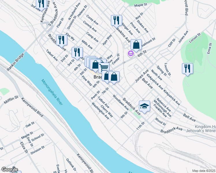 map of restaurants, bars, coffee shops, grocery stores, and more near 640 Braddock Avenue in Braddock