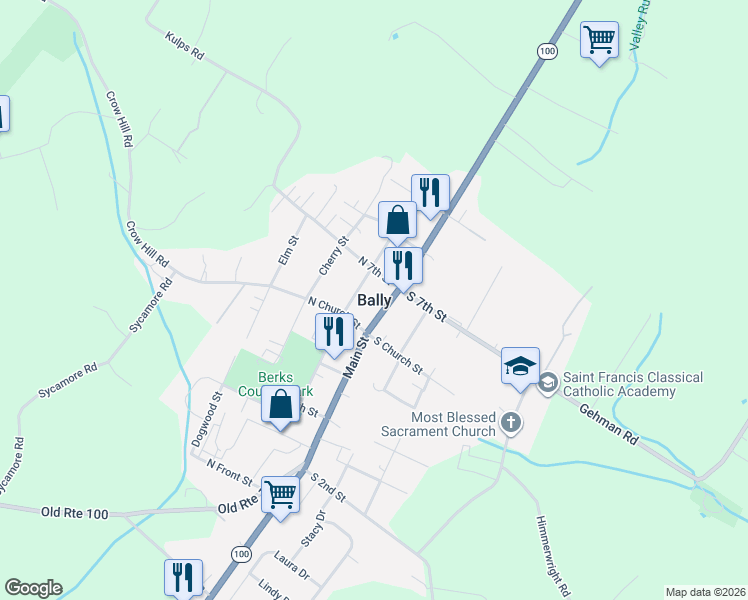 map of restaurants, bars, coffee shops, grocery stores, and more near 651 Main Street in Bally