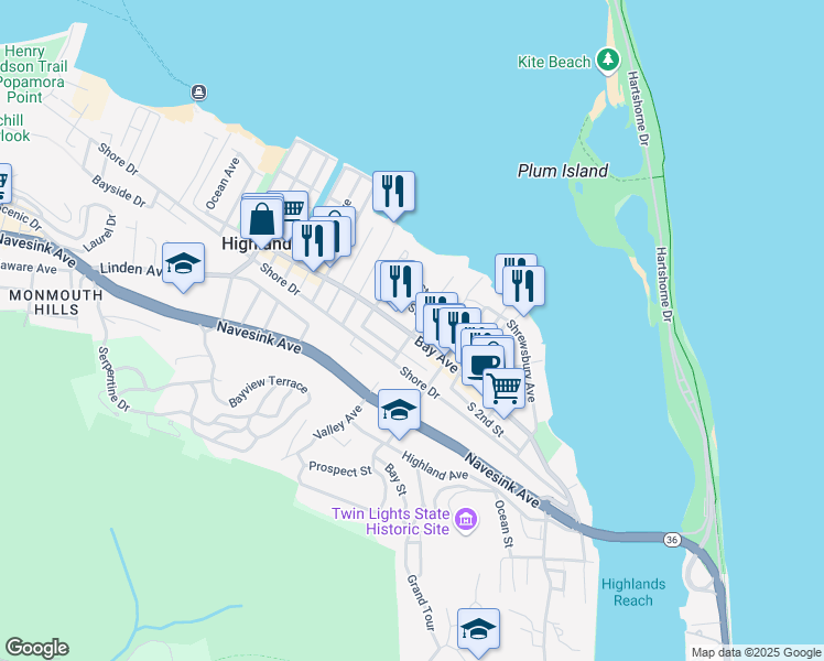 map of restaurants, bars, coffee shops, grocery stores, and more near 31 4th Street in Highlands