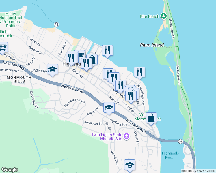 map of restaurants, bars, coffee shops, grocery stores, and more near 215 Bay Avenue in Highlands