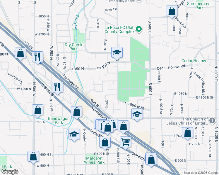 map of restaurants, bars, coffee shops, grocery stores, and more near 265 East 1150 North in Lehi