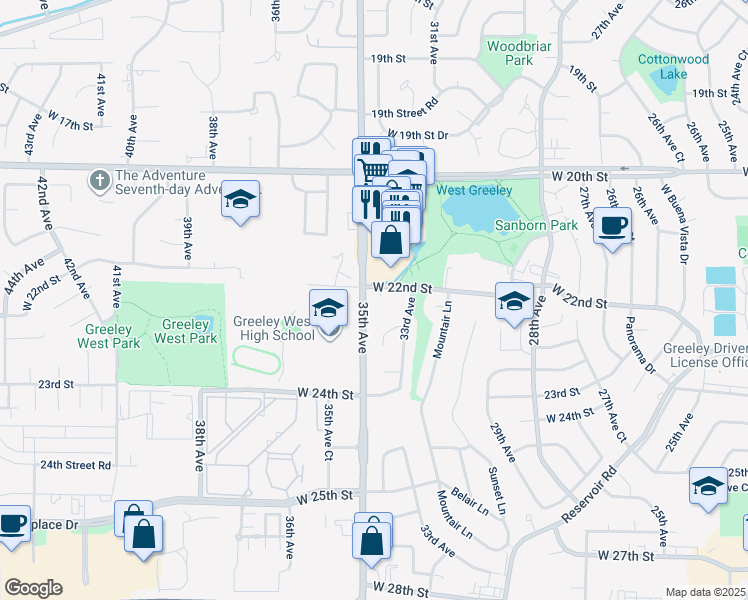 map of restaurants, bars, coffee shops, grocery stores, and more near 2211 34th Avenue in Greeley