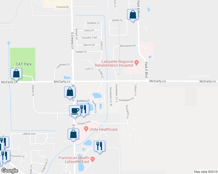 map of restaurants, bars, coffee shops, grocery stores, and more near 1018 Hornbeam Circle West in Lafayette