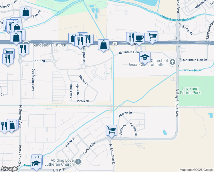 map of restaurants, bars, coffee shops, grocery stores, and more near 3080 Mountain Lion Drive in Loveland