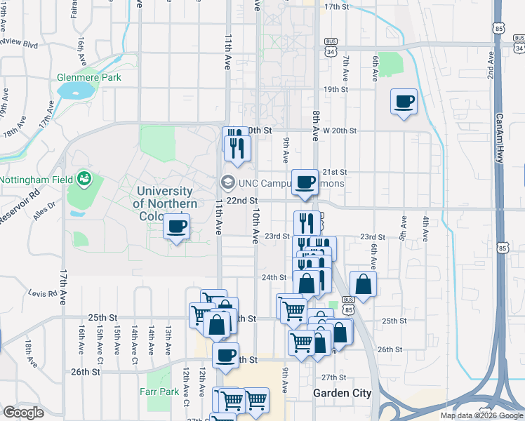 map of restaurants, bars, coffee shops, grocery stores, and more near 2208 10th Avenue in Greeley