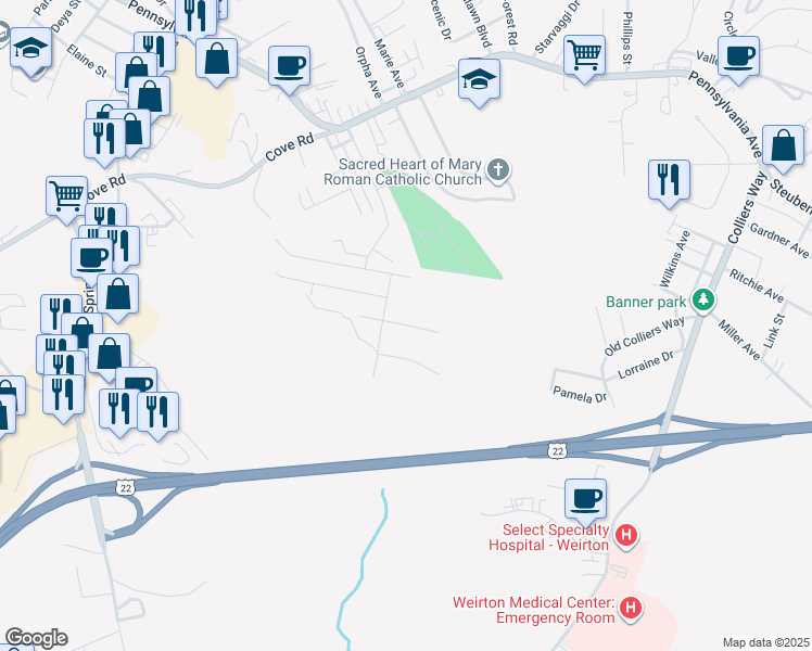 map of restaurants, bars, coffee shops, grocery stores, and more near 299 Nicholas Road in Weirton