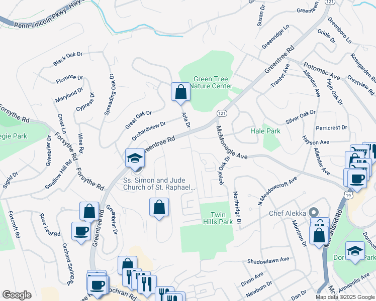map of restaurants, bars, coffee shops, grocery stores, and more near 200 Chatham Park Drive in Scott Township