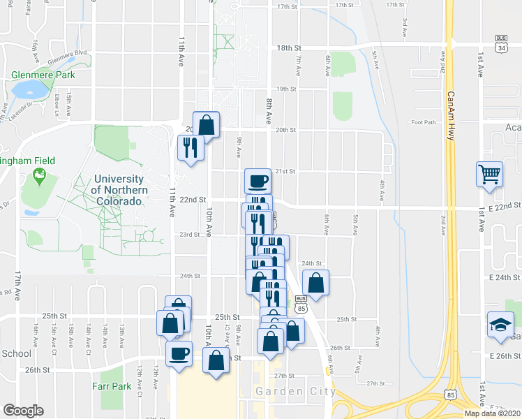 map of restaurants, bars, coffee shops, grocery stores, and more near 2201 8th Avenue in Greeley