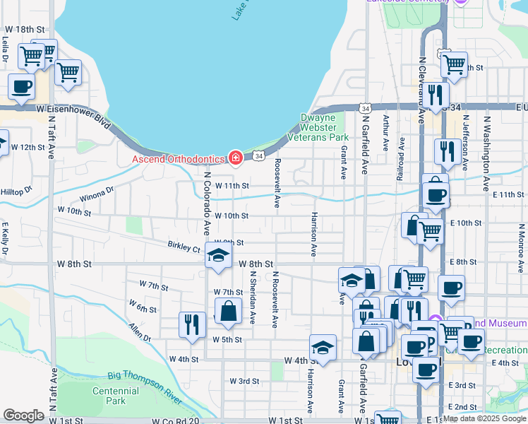 map of restaurants, bars, coffee shops, grocery stores, and more near 639 West 10th Street in Loveland