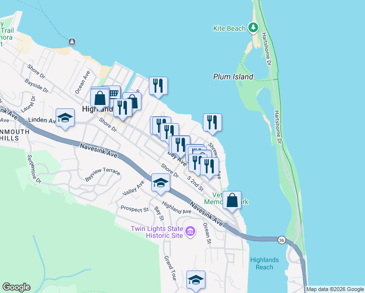 map of restaurants, bars, coffee shops, grocery stores, and more near 7 5th Street in Highlands