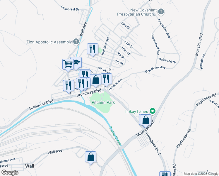 map of restaurants, bars, coffee shops, grocery stores, and more near 117 Mc Ginnis Avenue in Pitcairn