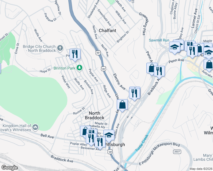 map of restaurants, bars, coffee shops, grocery stores, and more near 1613 Ridge Avenue in Braddock