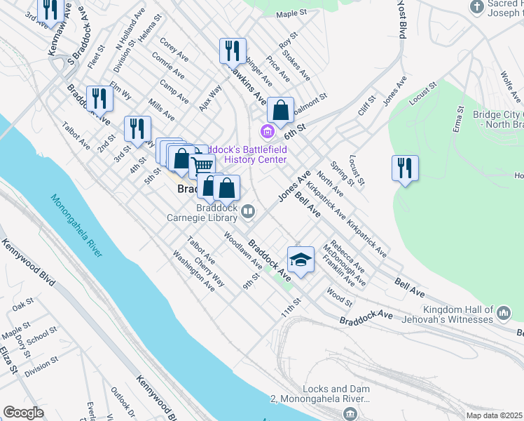 map of restaurants, bars, coffee shops, grocery stores, and more near 449 Library St in Braddock