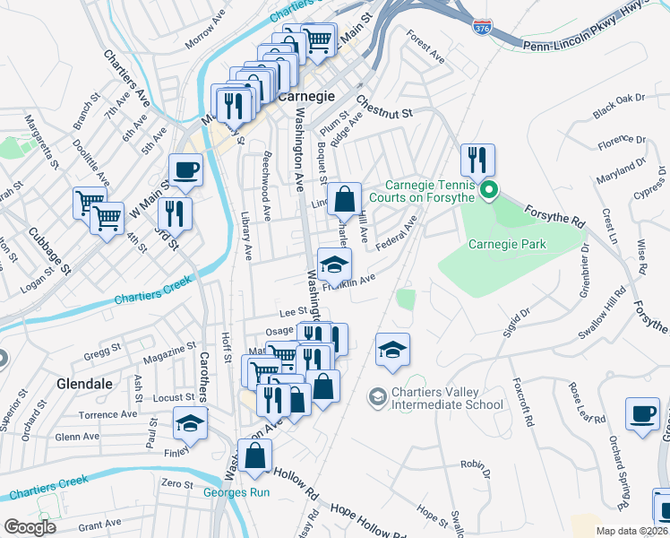 map of restaurants, bars, coffee shops, grocery stores, and more near 321 California Avenue in Carnegie