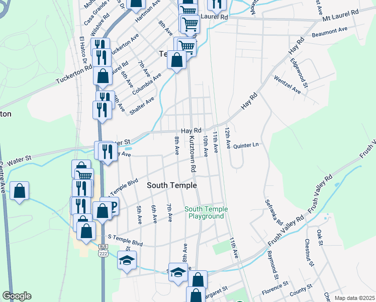 map of restaurants, bars, coffee shops, grocery stores, and more near 4411 Kutztown Road in Temple