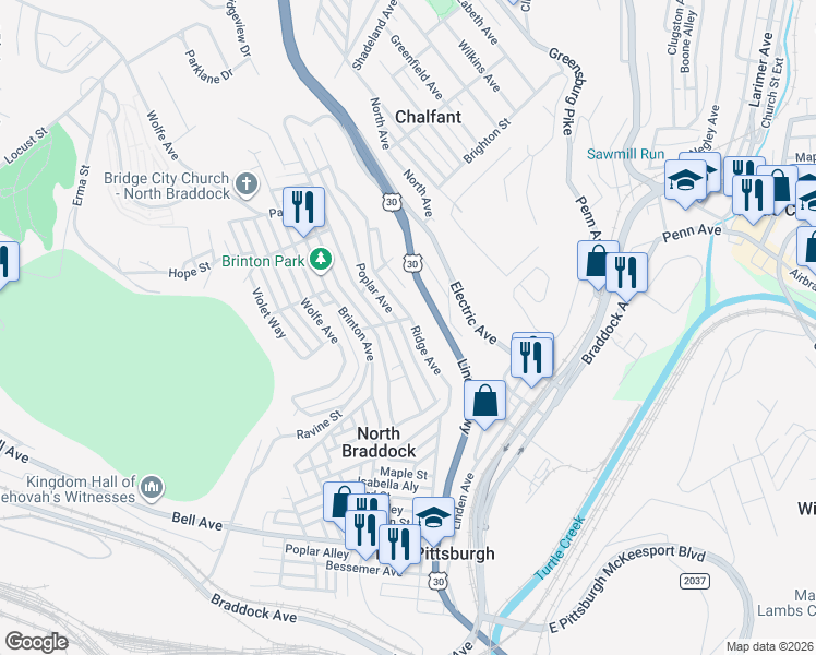 map of restaurants, bars, coffee shops, grocery stores, and more near 1545 Grandview Avenue in Braddock