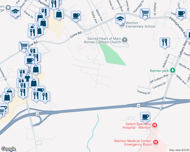 map of restaurants, bars, coffee shops, grocery stores, and more near 192 Nicholas Rd in Weirton