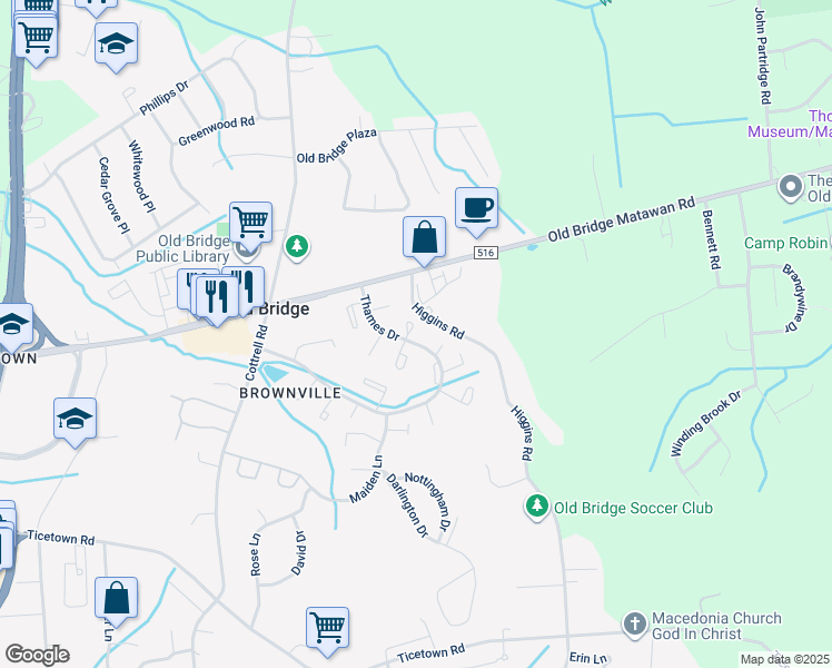 map of restaurants, bars, coffee shops, grocery stores, and more near 297 Pewter Court in Old Bridge
