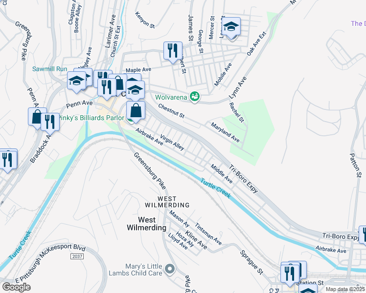 map of restaurants, bars, coffee shops, grocery stores, and more near 109 1/2 7th Street in Turtle Creek