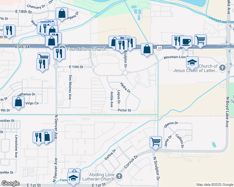 map of restaurants, bars, coffee shops, grocery stores, and more near 1020 Lepus Drive in Loveland