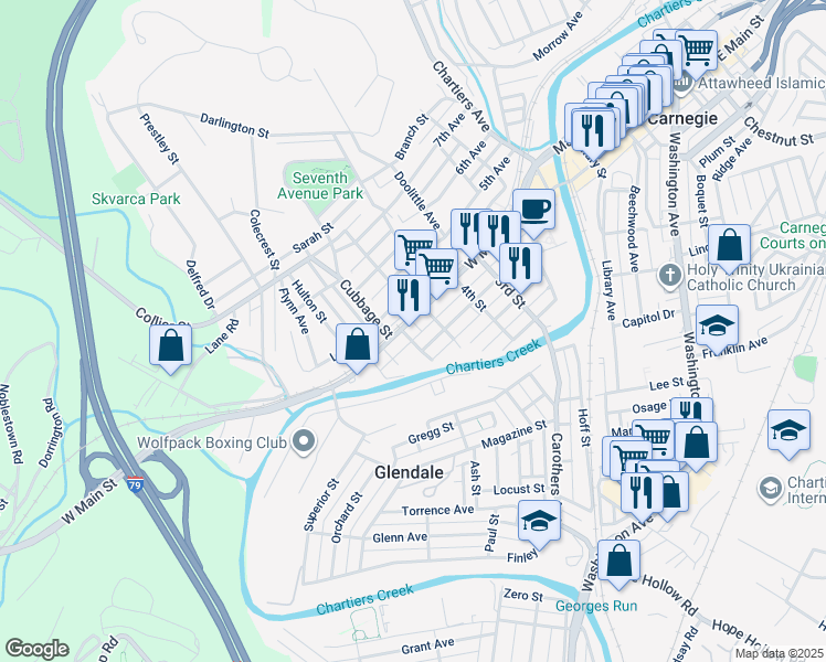 map of restaurants, bars, coffee shops, grocery stores, and more near 523 W Main St in Carnegie