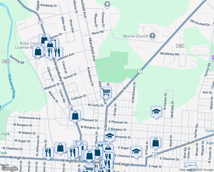 map of restaurants, bars, coffee shops, grocery stores, and more near 727 North Main Street in Mount Vernon