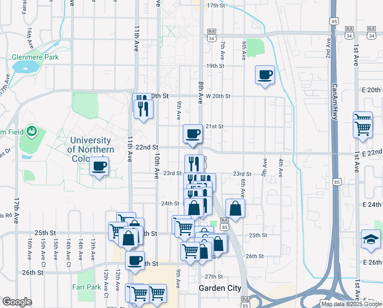 map of restaurants, bars, coffee shops, grocery stores, and more near 2204 9th Avenue in Greeley