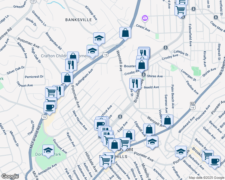 map of restaurants, bars, coffee shops, grocery stores, and more near 2500 Louisiana Avenue in Pittsburgh