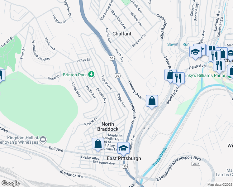 map of restaurants, bars, coffee shops, grocery stores, and more near 1613 Ridge Avenue in Braddock