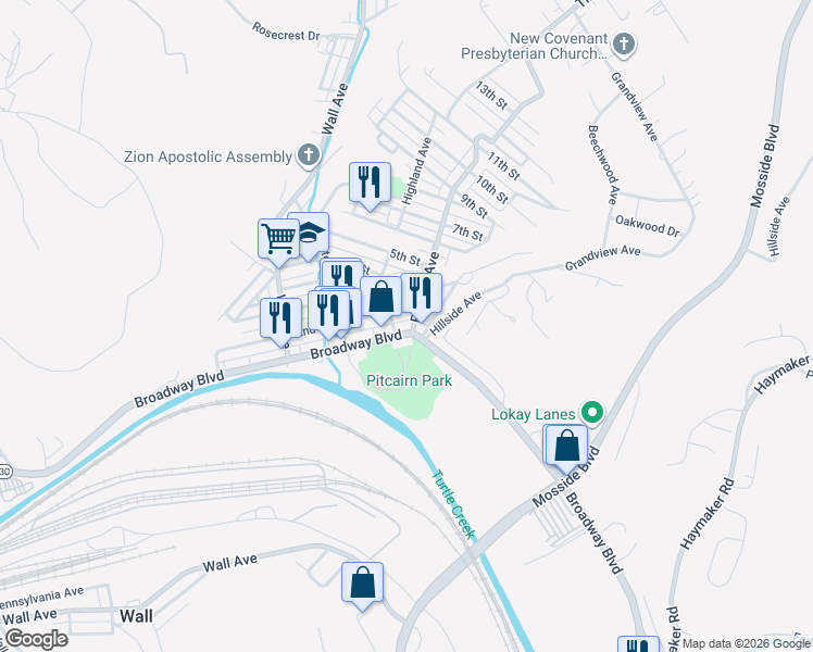 map of restaurants, bars, coffee shops, grocery stores, and more near 114 Highland Avenue in Pitcairn