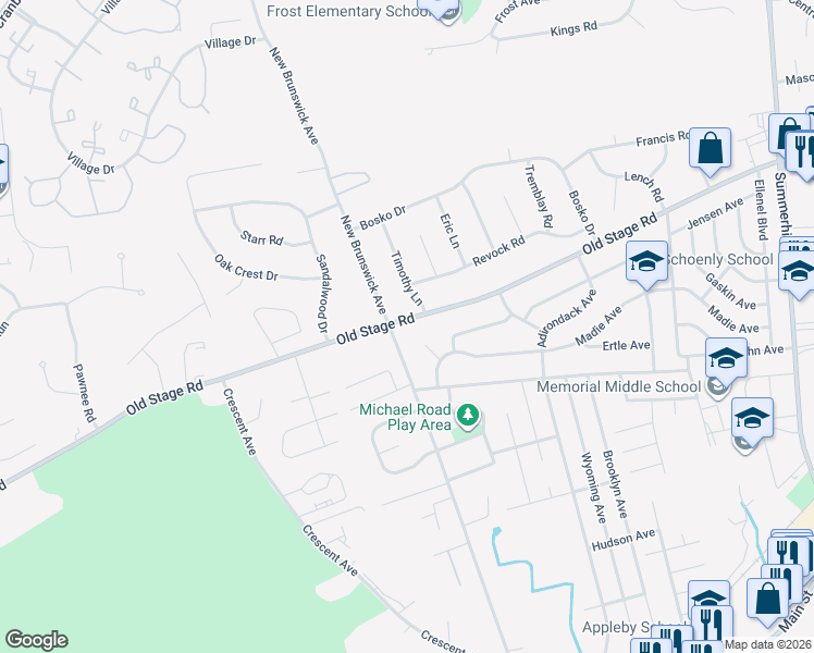 map of restaurants, bars, coffee shops, grocery stores, and more near 483 Old Stage Road in East Brunswick