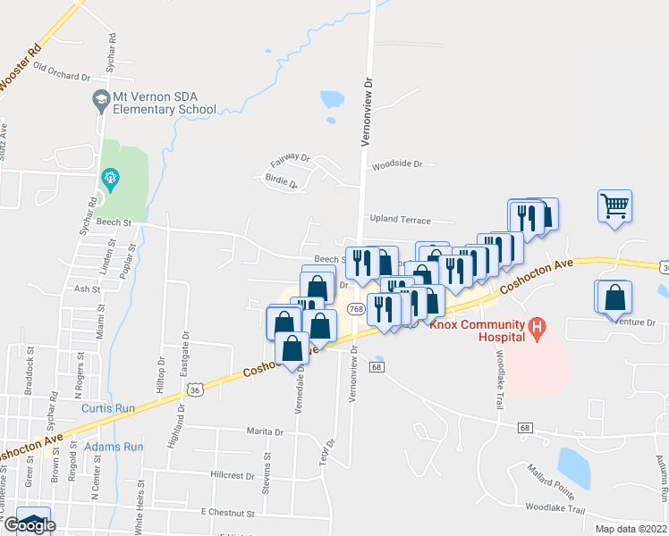 map of restaurants, bars, coffee shops, grocery stores, and more near 1120 Beech Street in Mount Vernon
