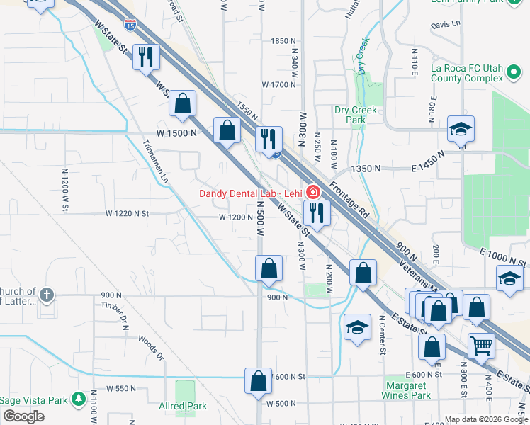 map of restaurants, bars, coffee shops, grocery stores, and more near 1220 North 500 West Street in Lehi
