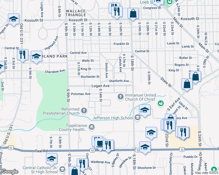 map of restaurants, bars, coffee shops, grocery stores, and more near 1427 Logan Avenue in Lafayette