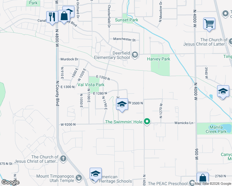 map of restaurants, bars, coffee shops, grocery stores, and more near 1277 North 1270 East in American Fork