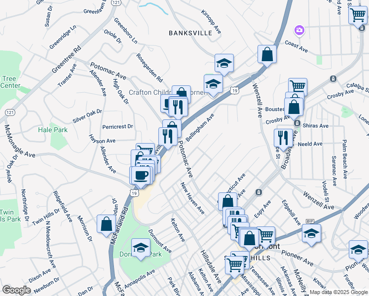 map of restaurants, bars, coffee shops, grocery stores, and more near 2823 Bellingham Avenue in Pittsburgh