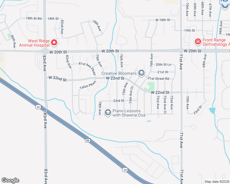 map of restaurants, bars, coffee shops, grocery stores, and more near 2243 76th Avenue Court in Greeley