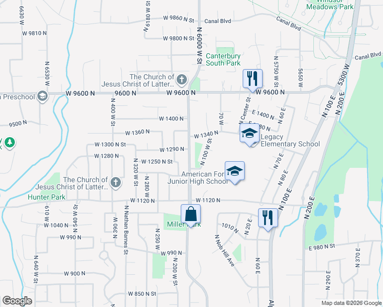 map of restaurants, bars, coffee shops, grocery stores, and more near 1276 North 150 West Street in American Fork