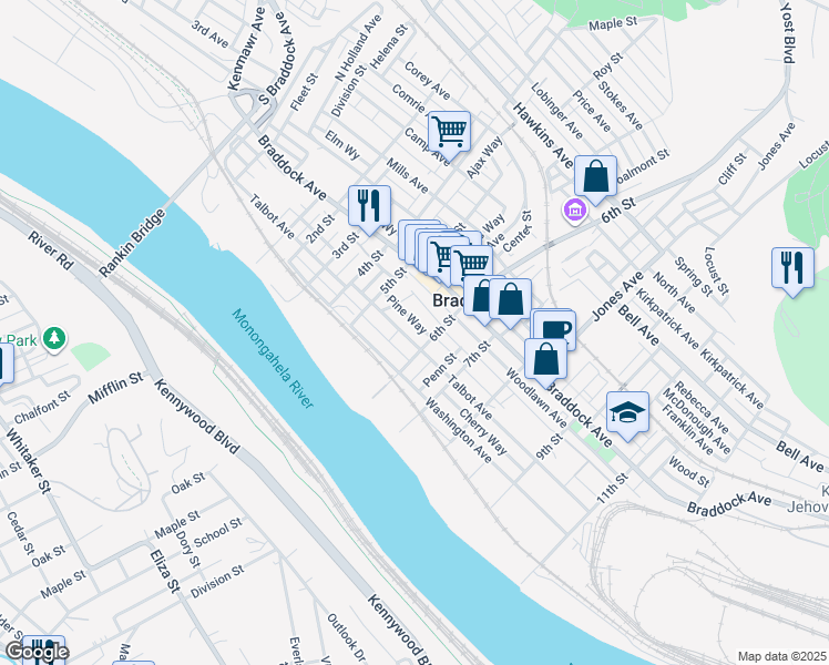 map of restaurants, bars, coffee shops, grocery stores, and more near 543 Talbot Avenue in Braddock