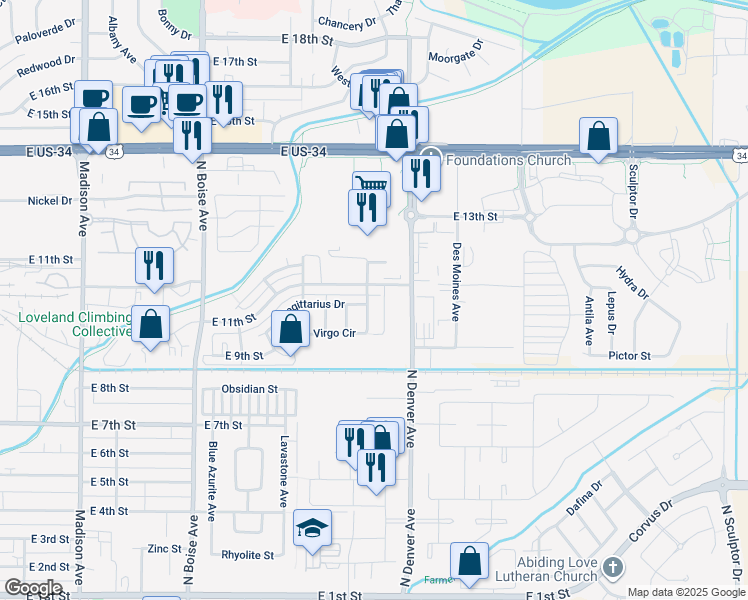 map of restaurants, bars, coffee shops, grocery stores, and more near 2182 Virgo Circle in Loveland