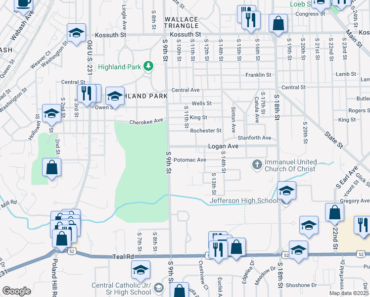 map of restaurants, bars, coffee shops, grocery stores, and more near 935 Logan Avenue in Lafayette
