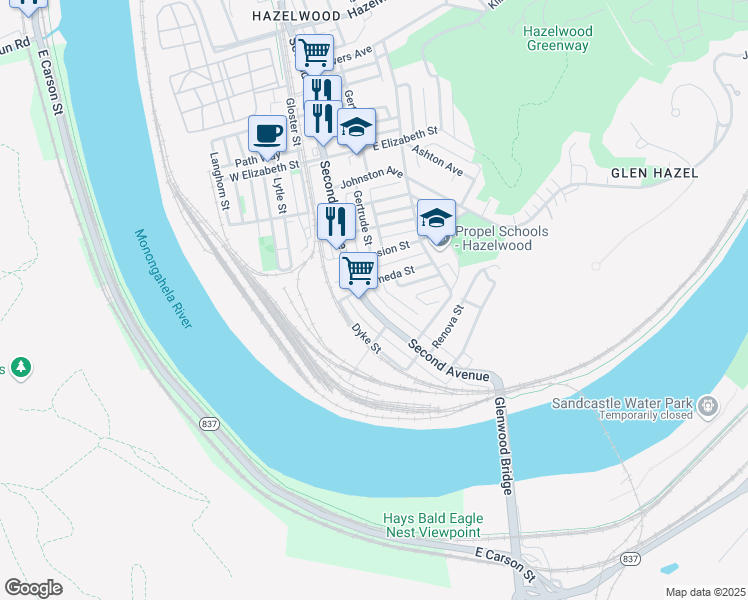 map of restaurants, bars, coffee shops, grocery stores, and more near 5423 Second Avenue in Pittsburgh