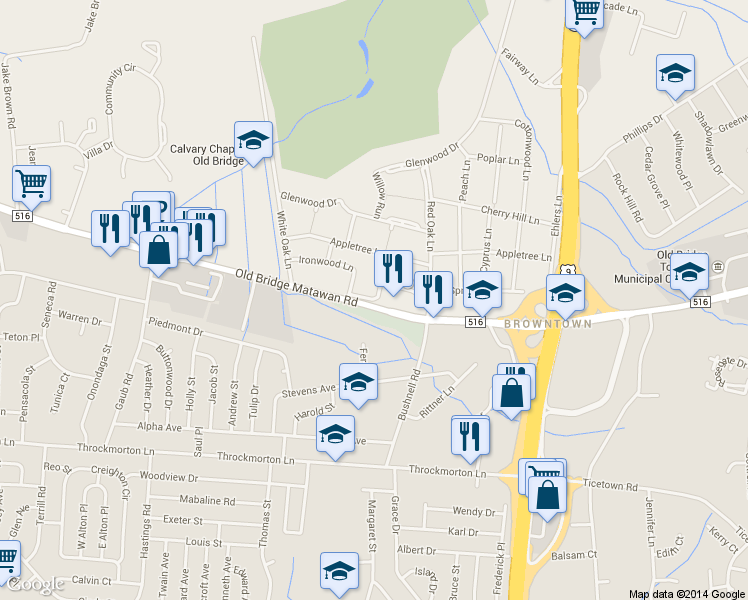 map of restaurants, bars, coffee shops, grocery stores, and more near 35 Spruce Lane in Old Bridge Township