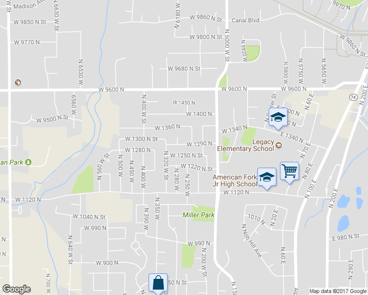 map of restaurants, bars, coffee shops, grocery stores, and more near 261 West 1290 North in American Fork