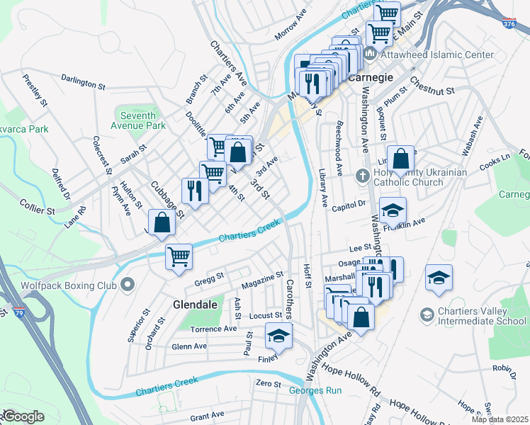 map of restaurants, bars, coffee shops, grocery stores, and more near 312 1st Avenue in Carnegie